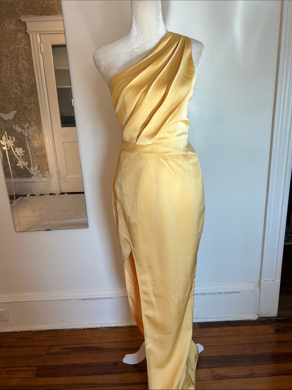 One-Shoulder Yellow Satin Evening Gown